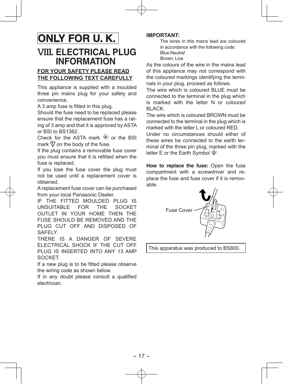 Viii, Only for u. k, Electrical plug information | Panasonic EY3551GQW User Manual | Page 17 / 120