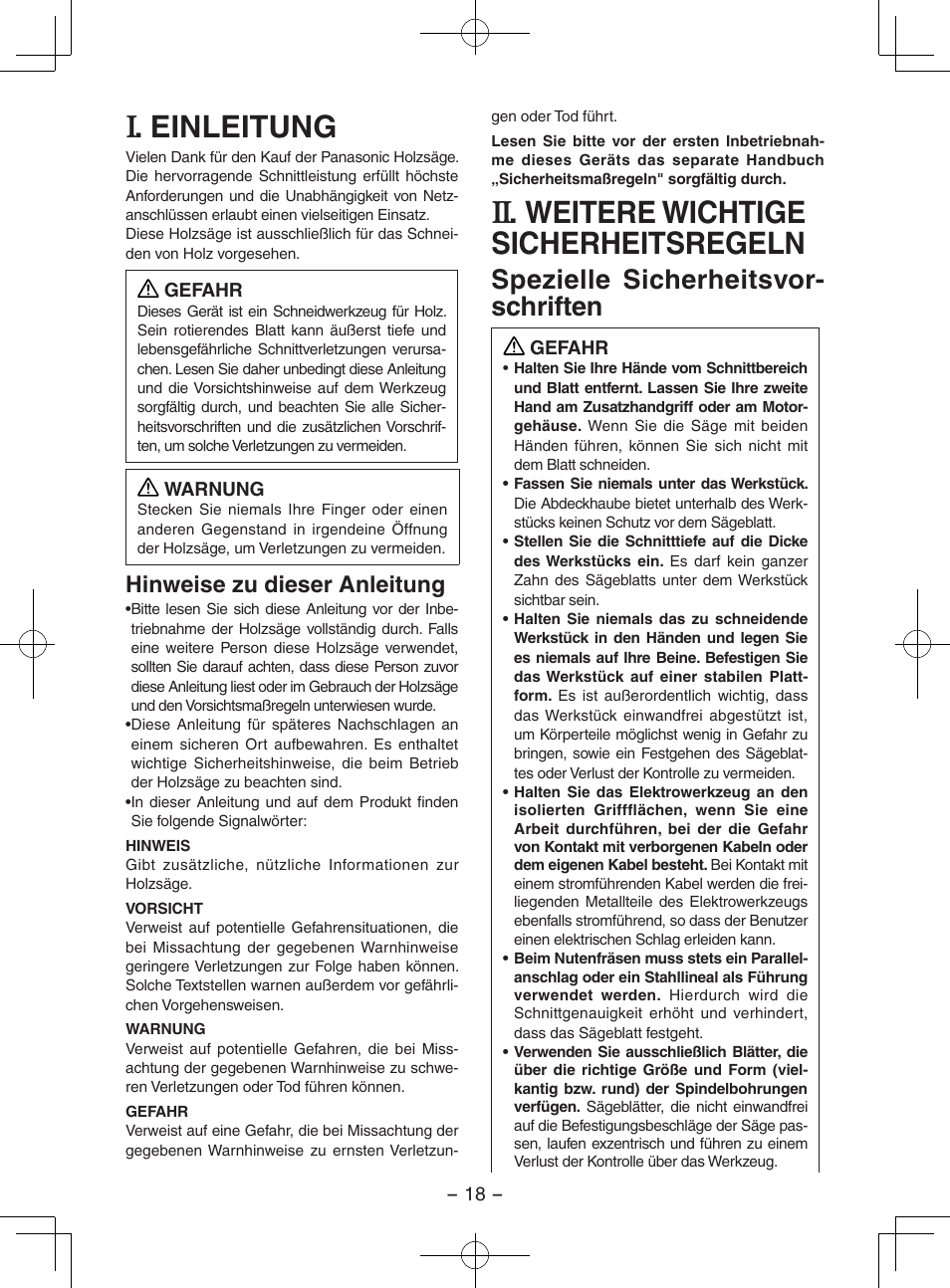 Einleitung, Weitere wichtige sicherheitsregeln, Spezielle sicherheitsvor- schriften | Hinweise zu dieser anleitung | Panasonic EY3551GQW User Manual | Page 18 / 120