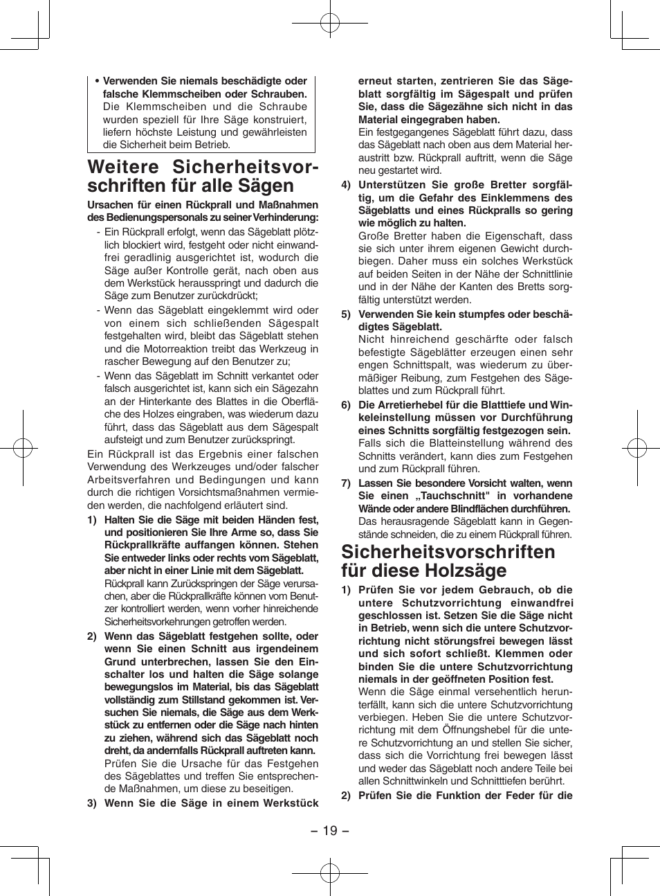 Weitere sicherheitsvor- schriften für alle sägen, Sicherheitsvorschriften für diese holzsäge | Panasonic EY3551GQW User Manual | Page 19 / 120