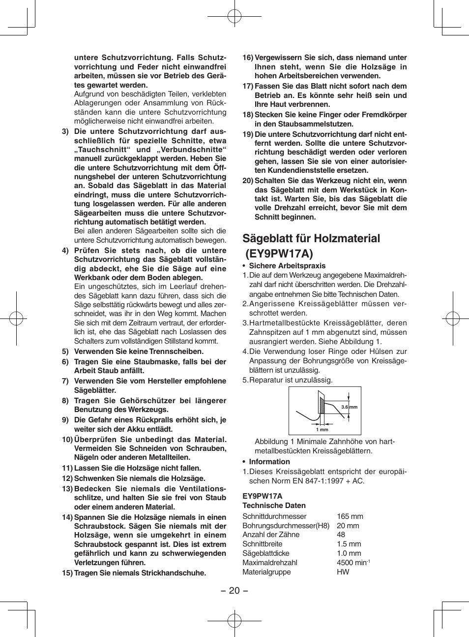 Sägeblatt für holzmaterial (ey9pw17a) | Panasonic EY3551GQW User Manual | Page 20 / 120