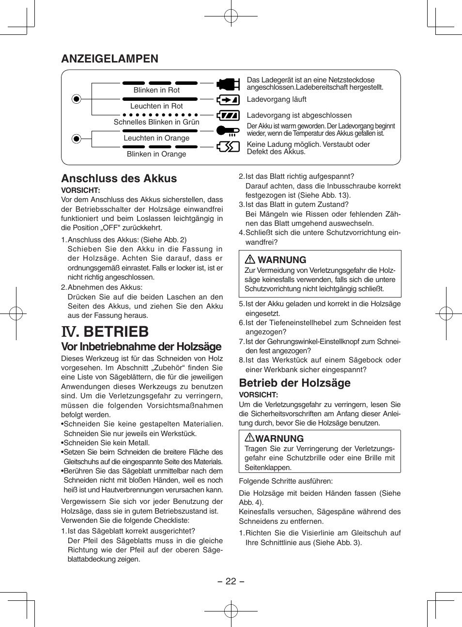 Betrieb, Anzeigelampen, Anschluss des akkus | Vor inbetriebnahme der holzsäge, Betrieb der holzsäge | Panasonic EY3551GQW User Manual | Page 22 / 120