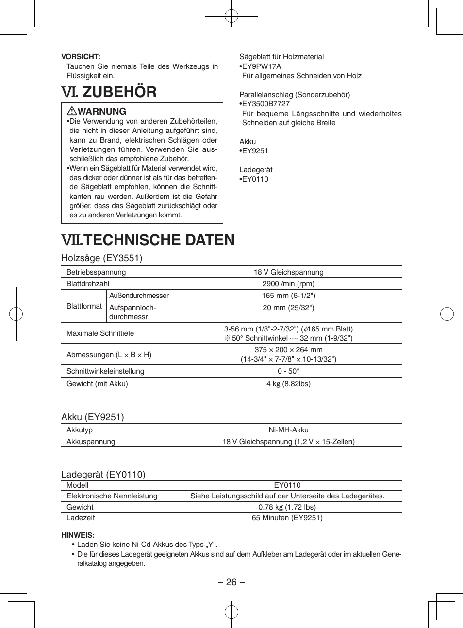 Zubehör, Technische daten | Panasonic EY3551GQW User Manual | Page 26 / 120