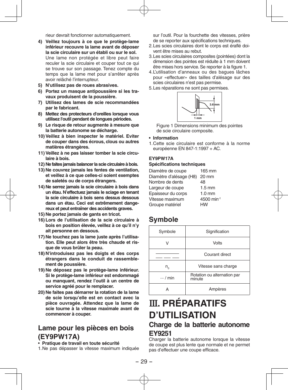Préparatifs d’utilisation, Lame pour les pièces en bois (ey9pw17a), Symbole | Charge de la batterie autonome ey9251 | Panasonic EY3551GQW User Manual | Page 29 / 120