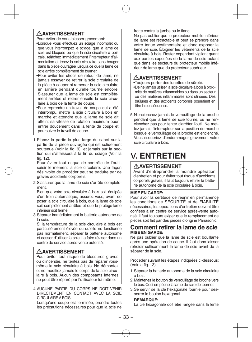 Entretien, Comment retirer la lame de scie | Panasonic EY3551GQW User Manual | Page 33 / 120