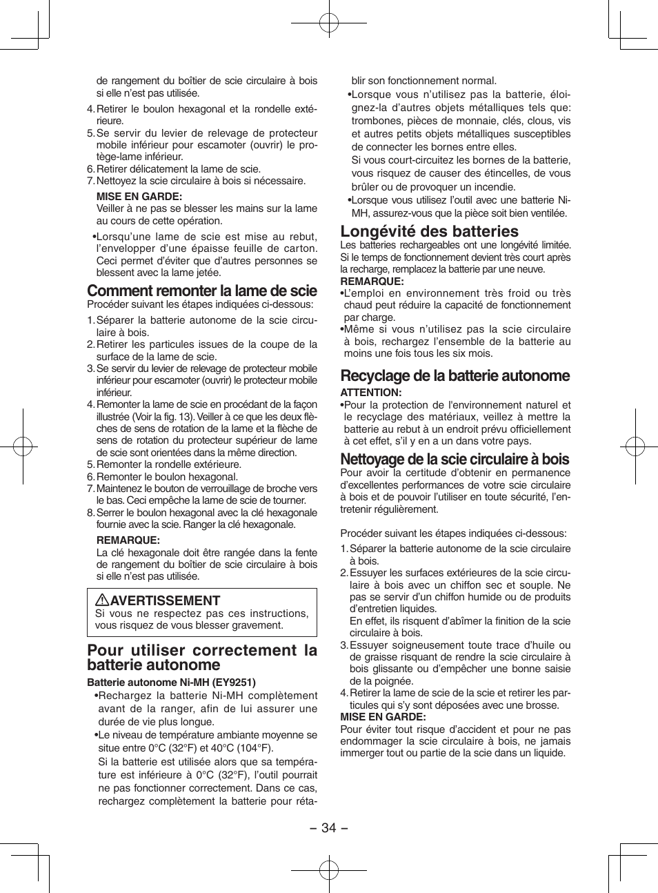 Comment remonter la lame de scie, Pour utiliser correctement la batterie autonome, Longévité des batteries | Recyclage de la batterie autonome, Nettoyage de la scie circulaire à bois | Panasonic EY3551GQW User Manual | Page 34 / 120