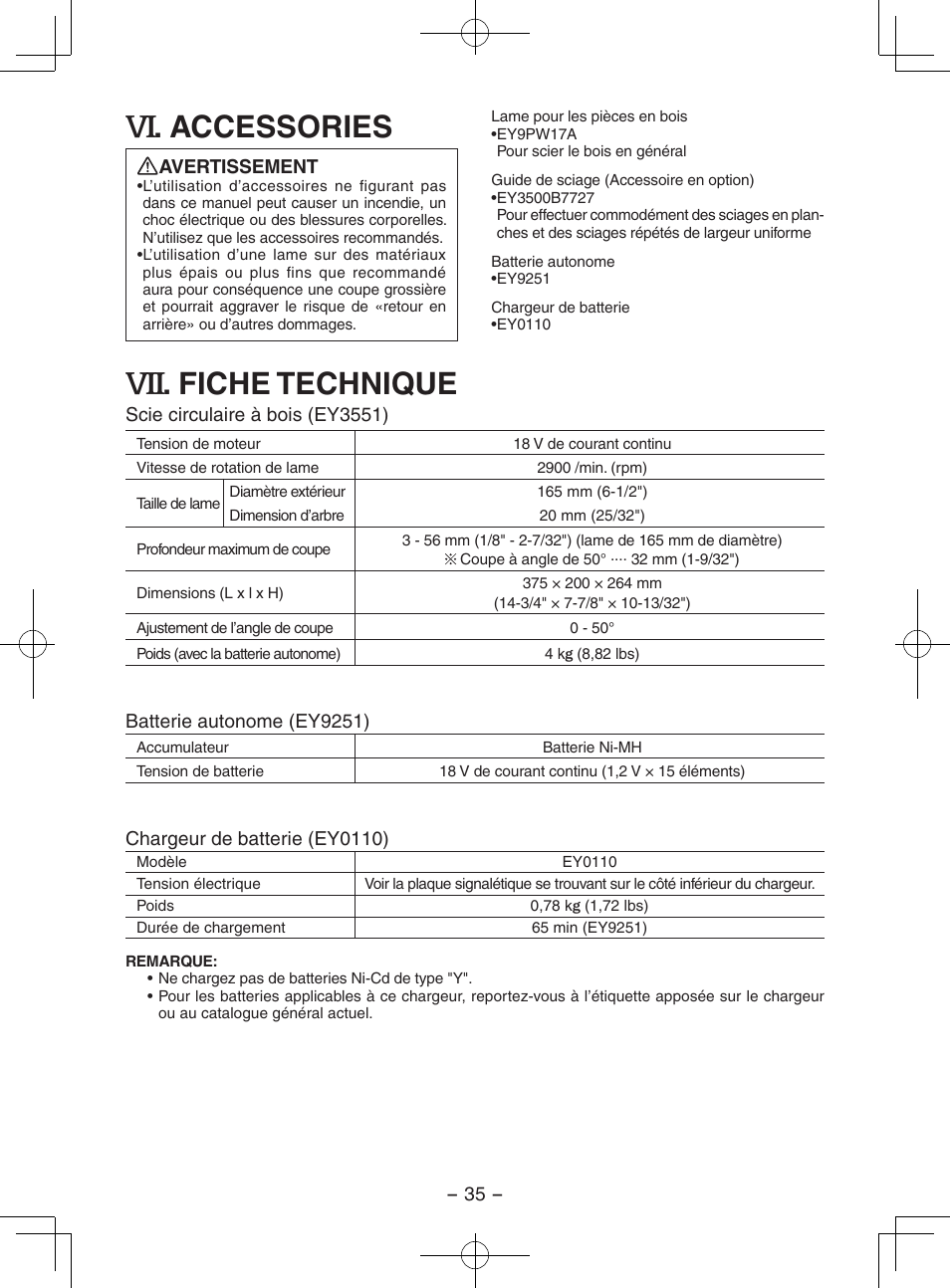 Accessories, Fiche technique | Panasonic EY3551GQW User Manual | Page 35 / 120