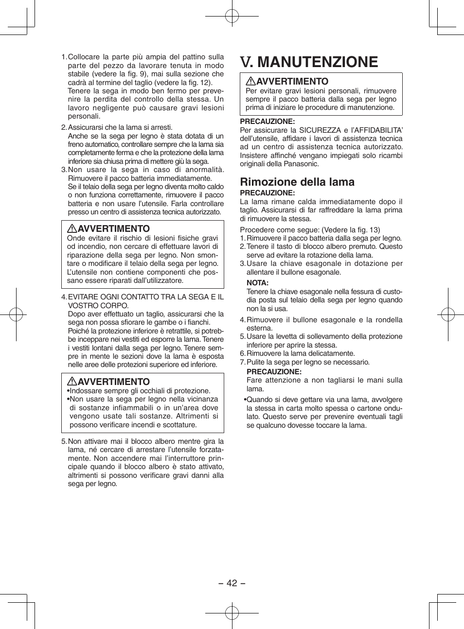 Manutenzione, Rimozione della lama | Panasonic EY3551GQW User Manual | Page 42 / 120