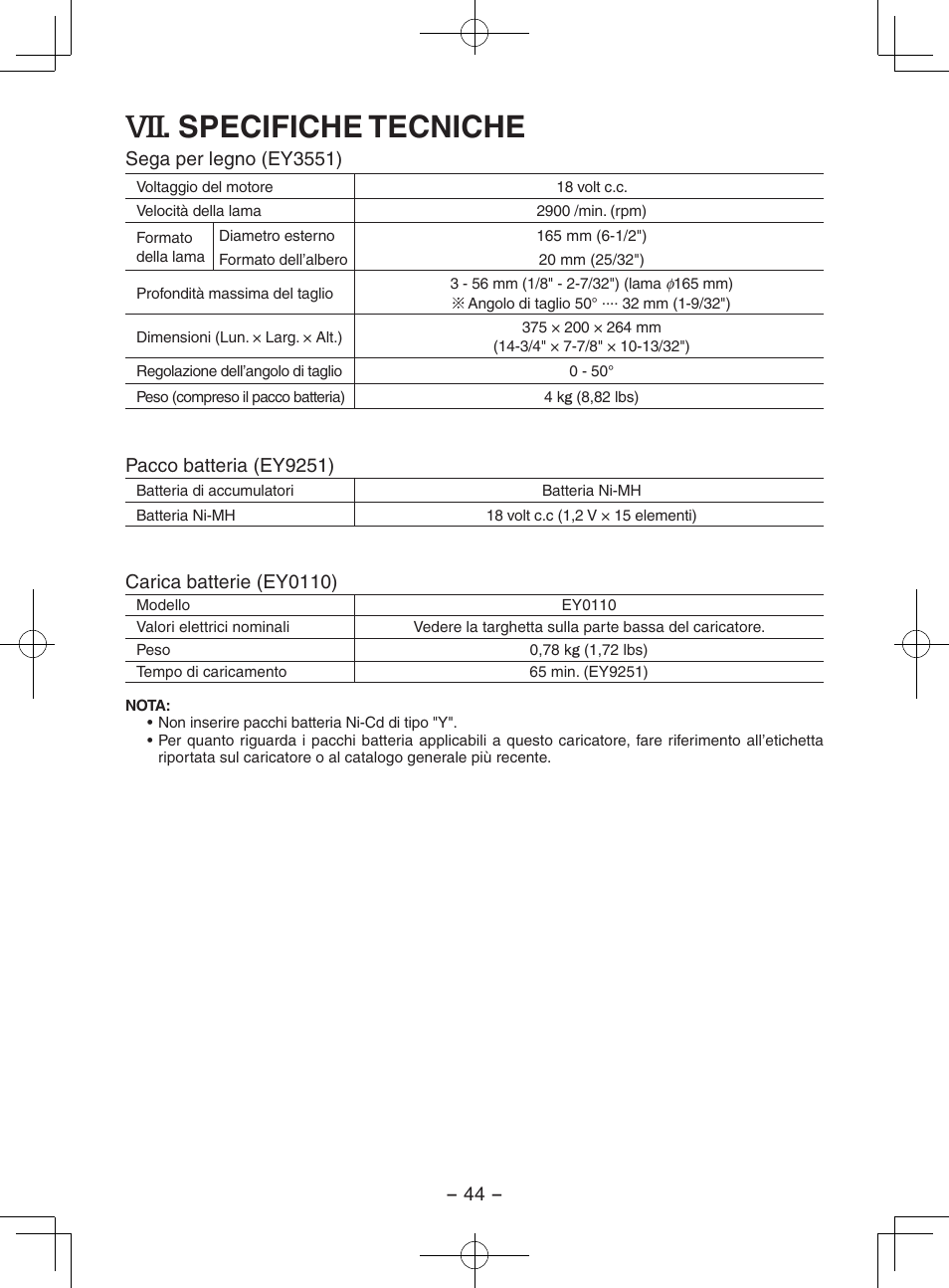 Specifiche tecniche | Panasonic EY3551GQW User Manual | Page 44 / 120