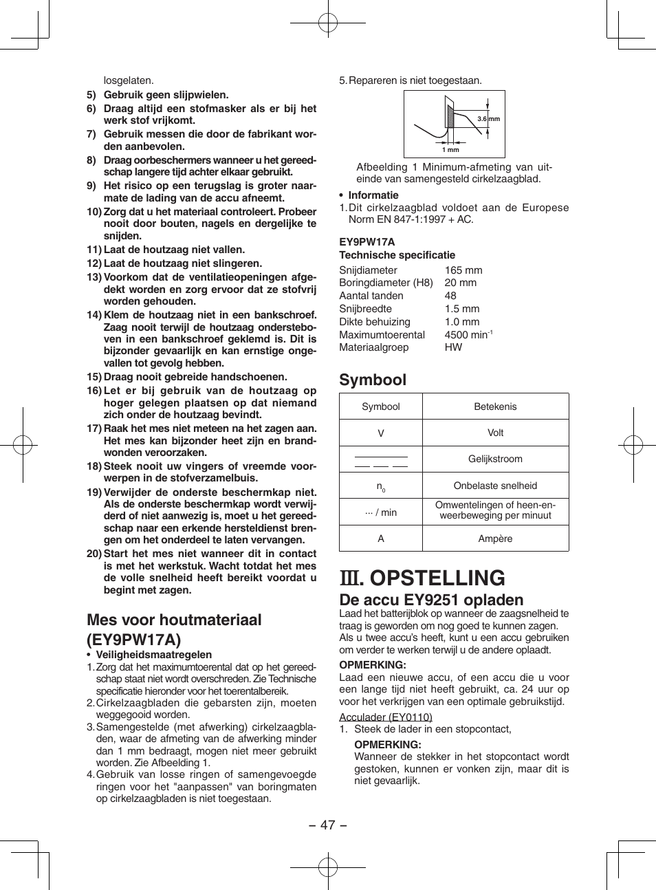 Opstelling, Mes voor houtmateriaal (ey9pw17a), Symbool | De accu ey9251 opladen | Panasonic EY3551GQW User Manual | Page 47 / 120