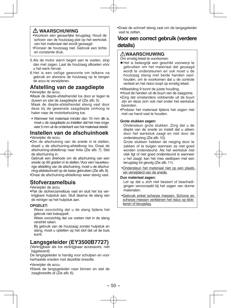 Afstelling van de zaagdiepte, Instellen van de afschuinhoek, Stofverzamelbuis | Voor een correct gebruik (verdere details) | Panasonic EY3551GQW User Manual | Page 50 / 120