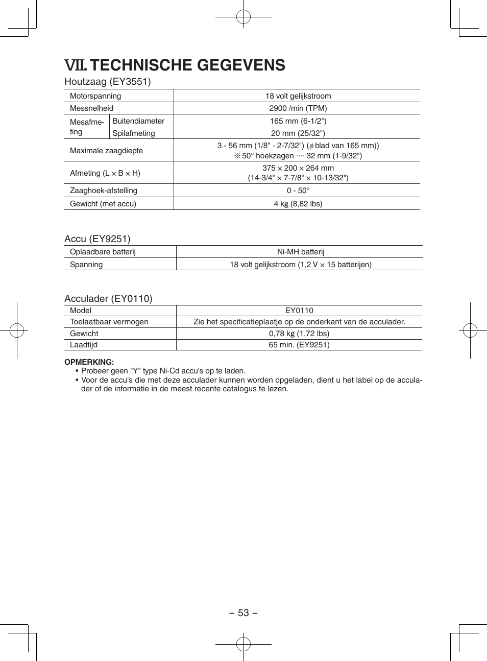 Technische gegevens | Panasonic EY3551GQW User Manual | Page 53 / 120
