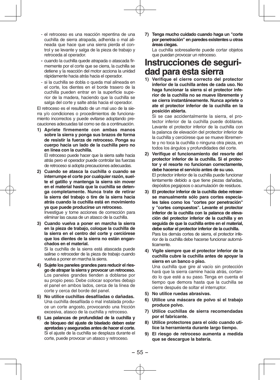 Instrucciones de seguri- dad para esta sierra | Panasonic EY3551GQW User Manual | Page 55 / 120