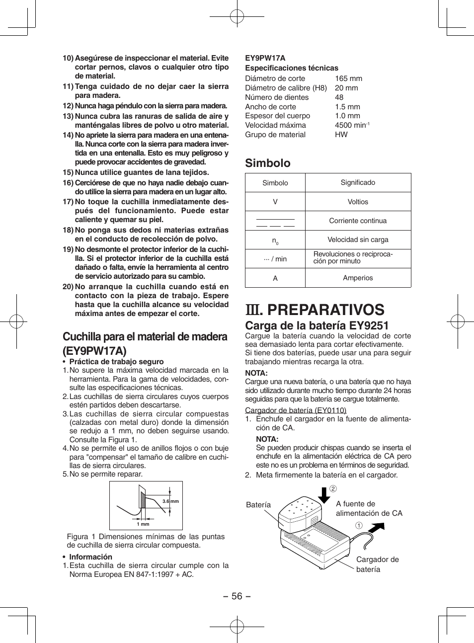 Preparativos, Cuchilla para el material de madera (ey9pw17a), Simbolo | Carga de la batería ey9251 | Panasonic EY3551GQW User Manual | Page 56 / 120