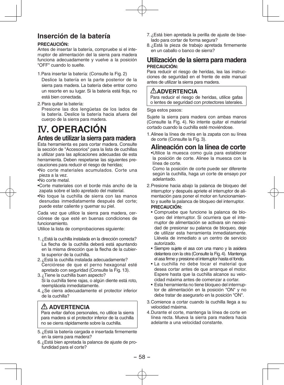 Operación, Inserción de la batería, Antes de utilizar la sierra para madera | Utilización de la sierra para madera, Alineación con la línea de corte | Panasonic EY3551GQW User Manual | Page 58 / 120