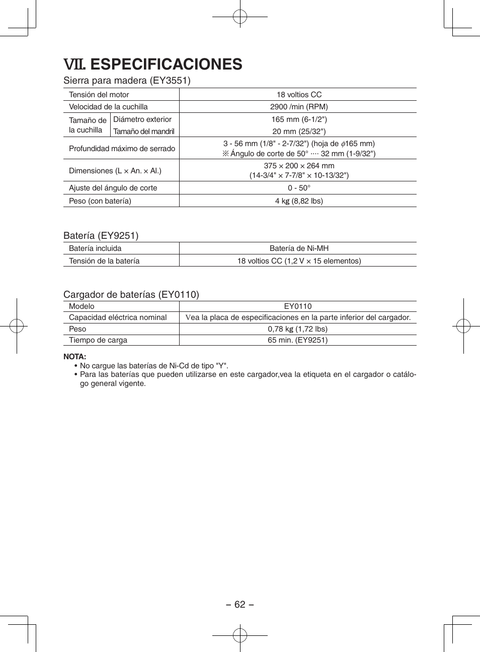 Especificaciones | Panasonic EY3551GQW User Manual | Page 62 / 120
