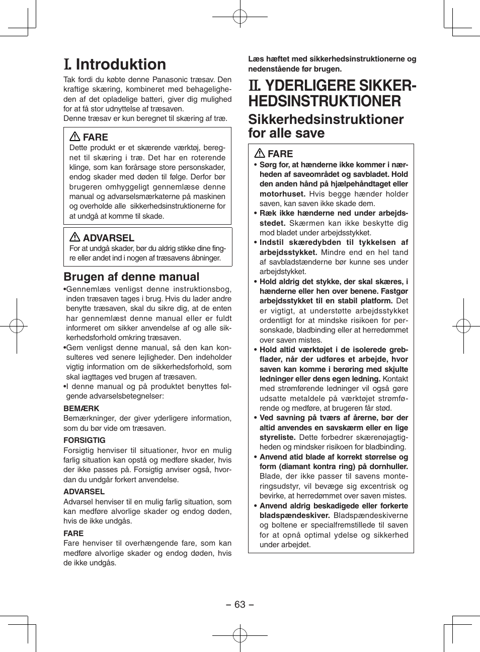 Introduktion, Yderligere sikker- hedsinstruktioner, Sikkerhedsinstruktioner for alle save | Brugen af denne manual | Panasonic EY3551GQW User Manual | Page 63 / 120