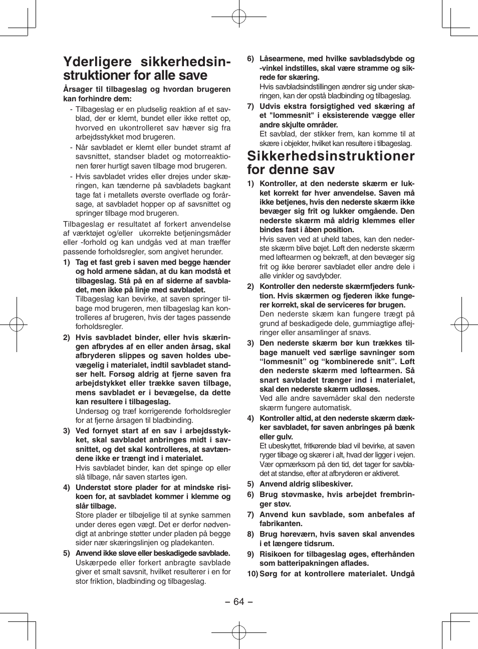 Yderligere sikkerhedsin- struktioner for alle save, Sikkerhedsinstruktioner for denne sav | Panasonic EY3551GQW User Manual | Page 64 / 120