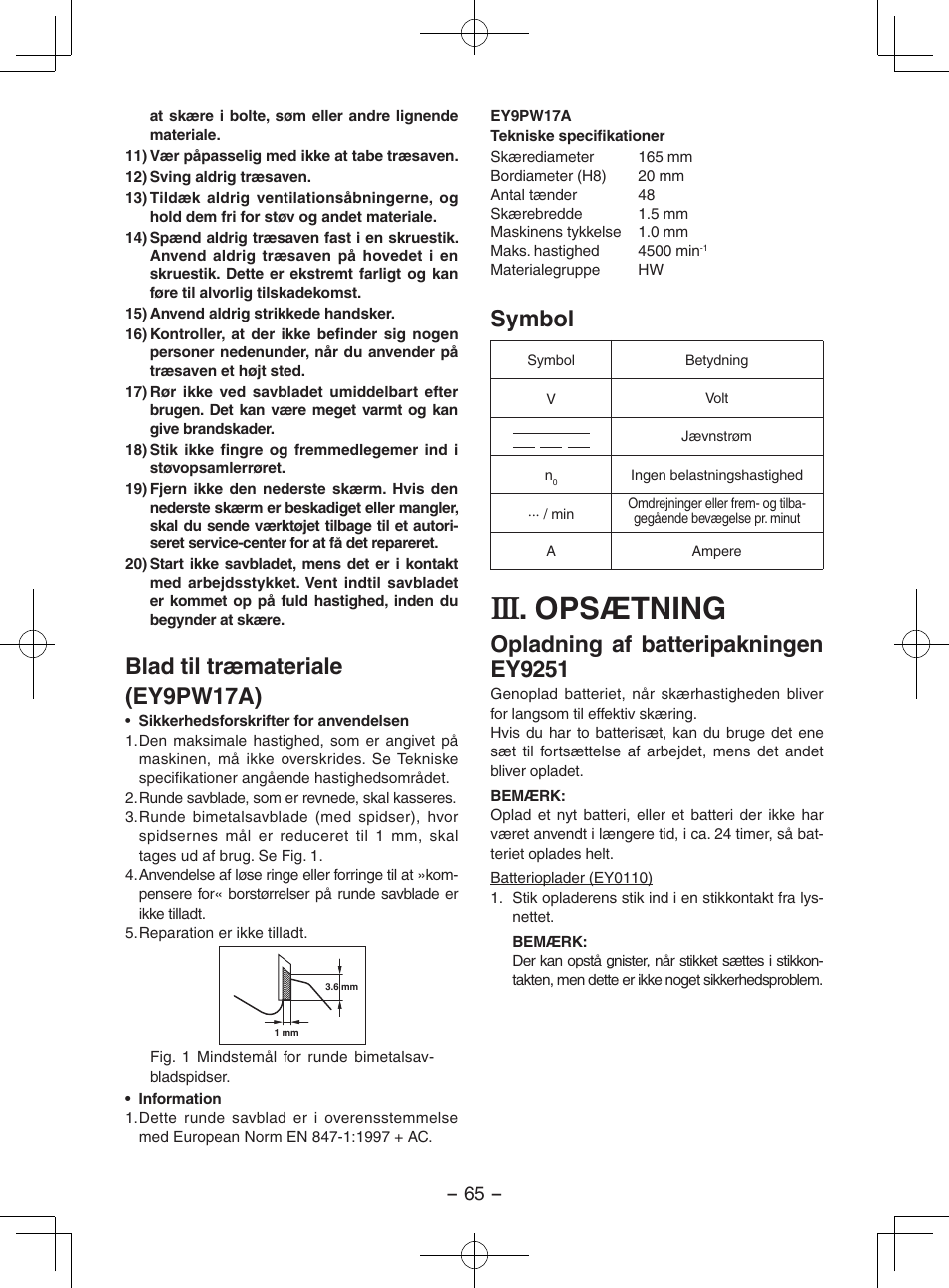 Opsætning, Blad til træmateriale (ey9pw17a), Symbol | Opladning af batteripakningen ey9251 | Panasonic EY3551GQW User Manual | Page 65 / 120