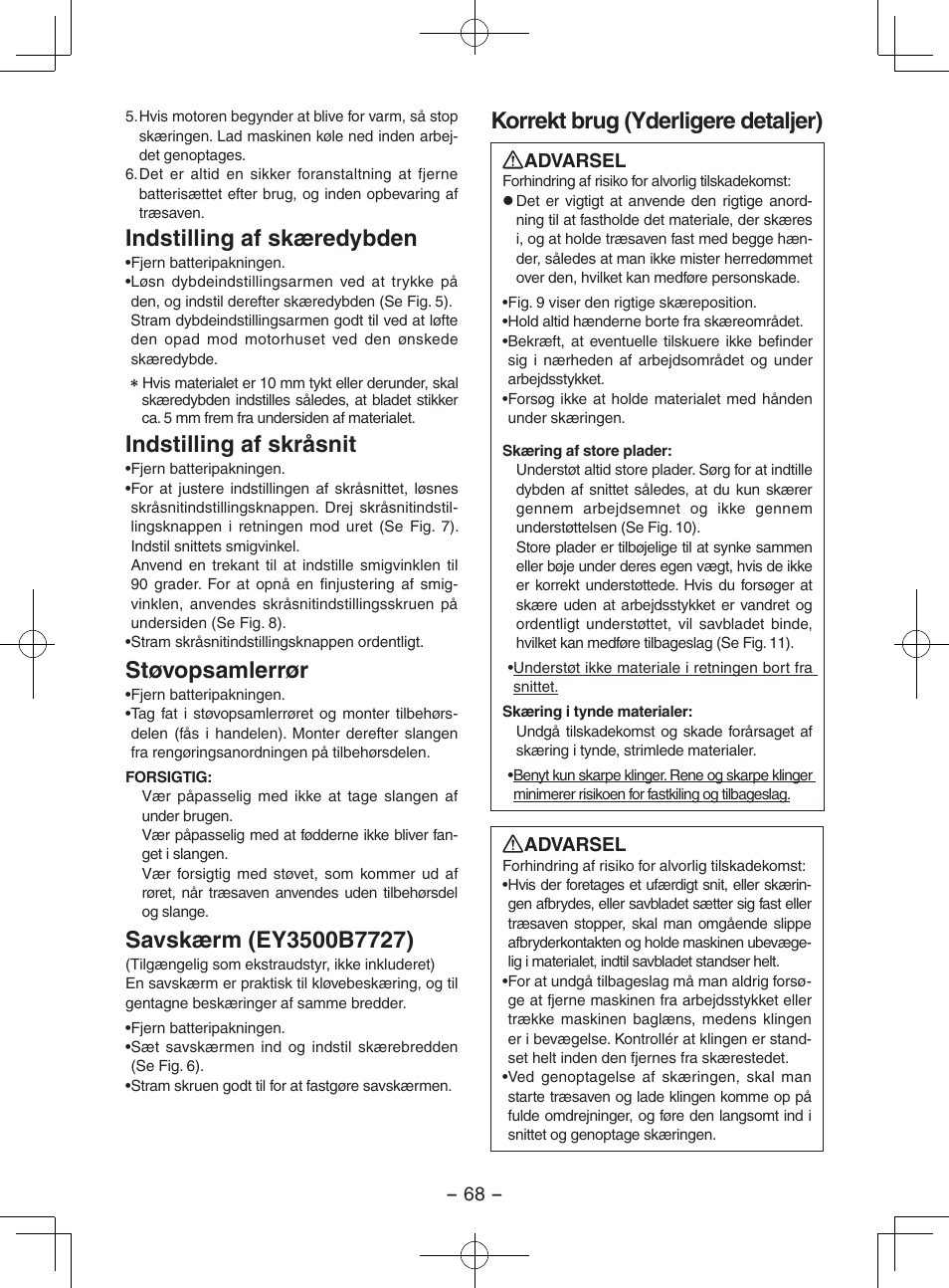 Indstilling af skæredybden, Indstilling af skråsnit, Støvopsamlerrør | Korrekt brug (yderligere detaljer) | Panasonic EY3551GQW User Manual | Page 68 / 120