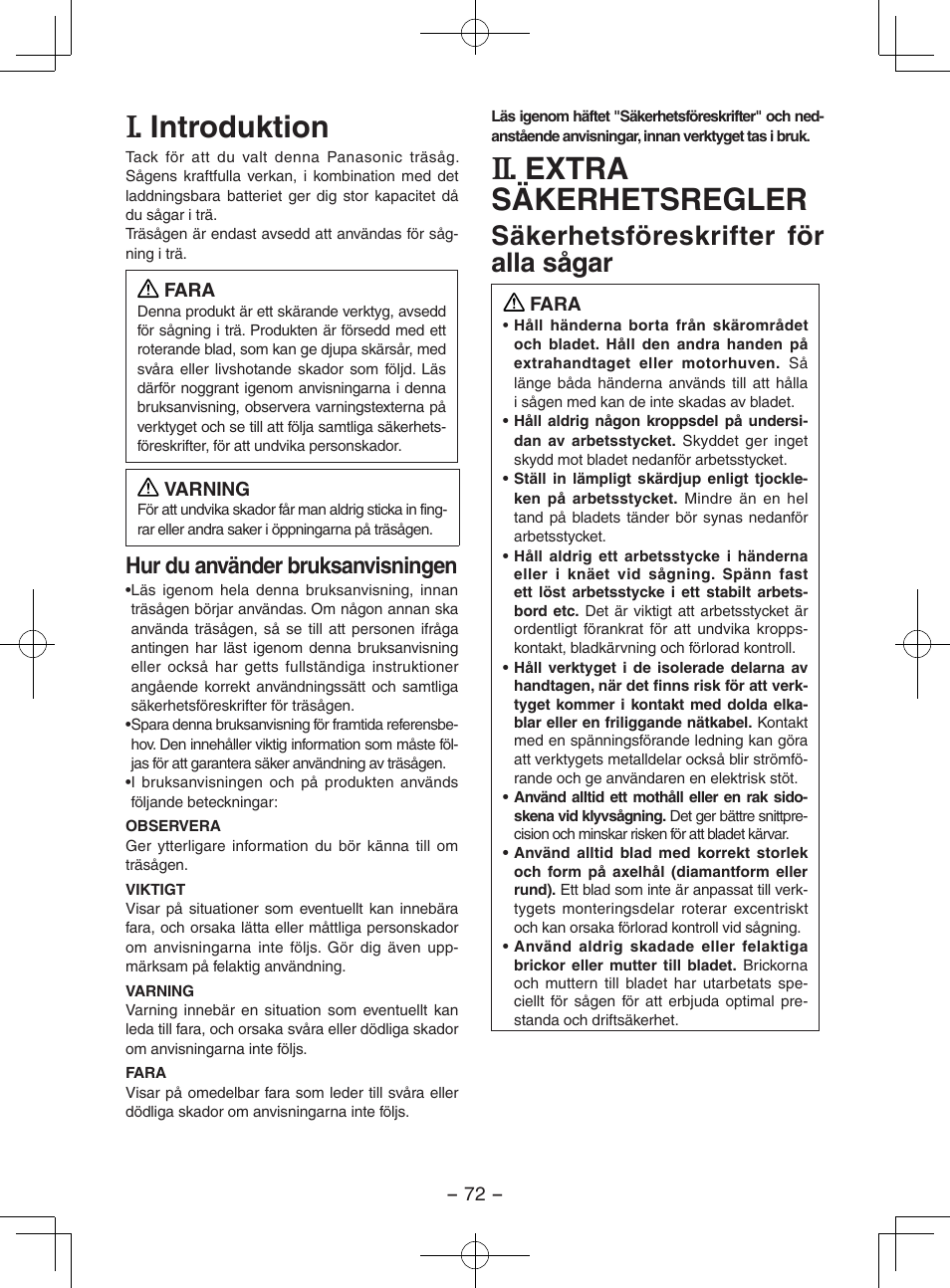 Introduktion, Extra säkerhetsregler, Säkerhetsföreskrifter för alla sågar | Hur du använder bruksanvisningen | Panasonic EY3551GQW User Manual | Page 72 / 120
