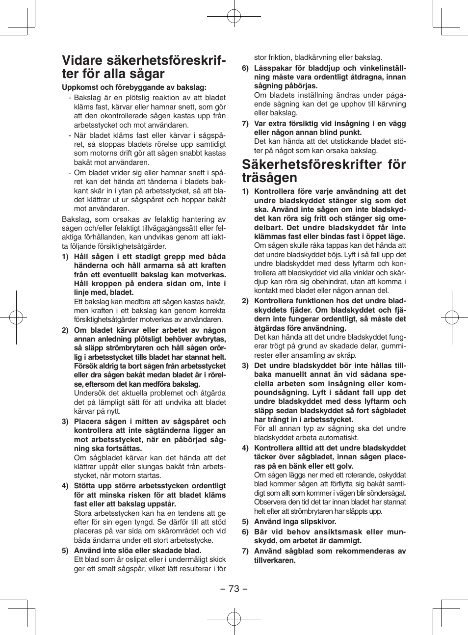 Vidare säkerhetsföreskrif- ter för alla sågar, Säkerhetsföreskrifter för träsågen | Panasonic EY3551GQW User Manual | Page 73 / 120