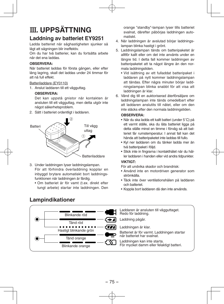 Uppsättning, Laddning av batteriet ey9251, Lampindikationer | Panasonic EY3551GQW User Manual | Page 75 / 120