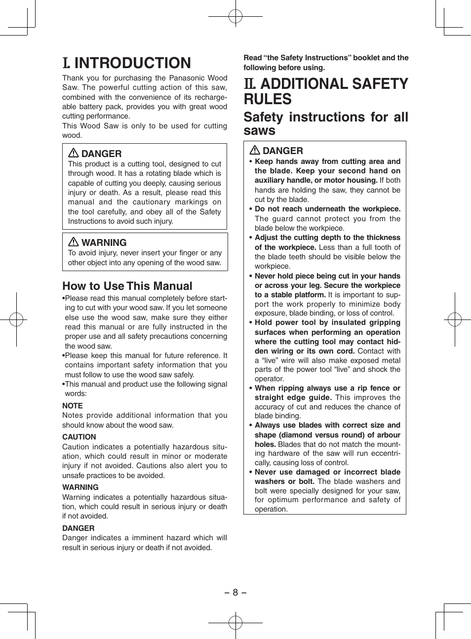 Introduction, Additional safety rules, Safety instructions for all saws | How to use this manual | Panasonic EY3551GQW User Manual | Page 8 / 120