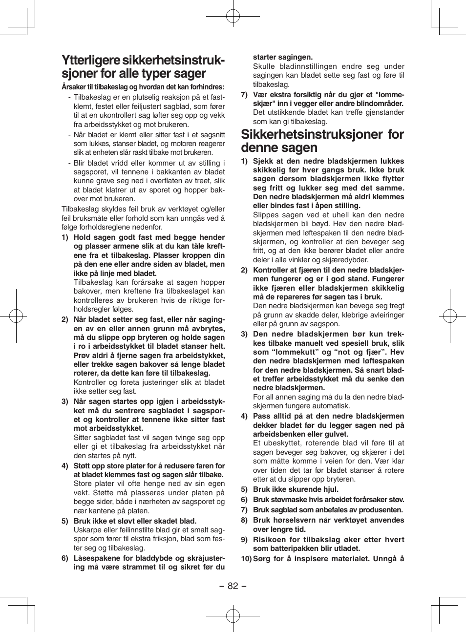 Sikkerhetsinstruksjoner for denne sagen | Panasonic EY3551GQW User Manual | Page 82 / 120