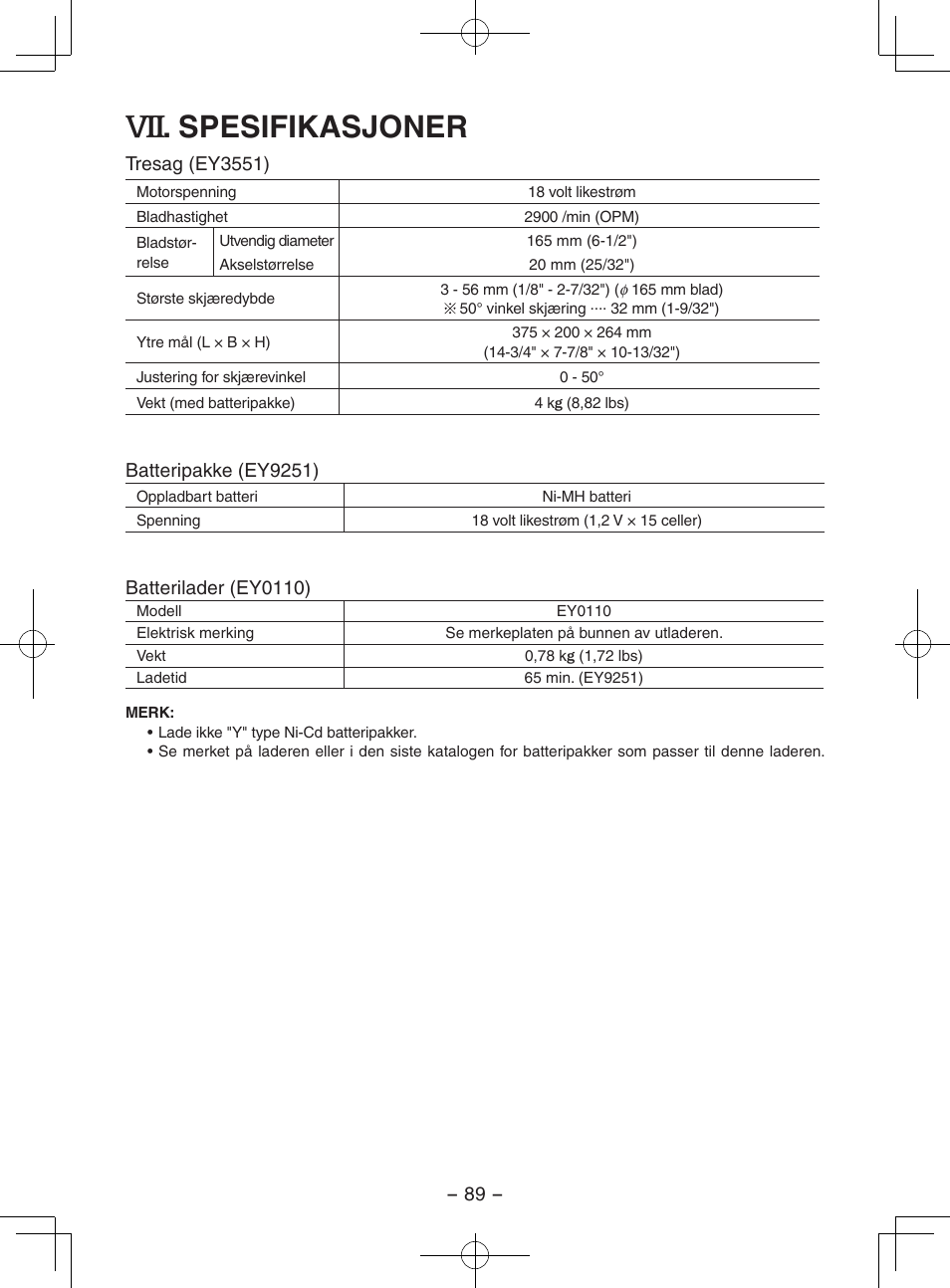 Spesifikasjoner | Panasonic EY3551GQW User Manual | Page 89 / 120
