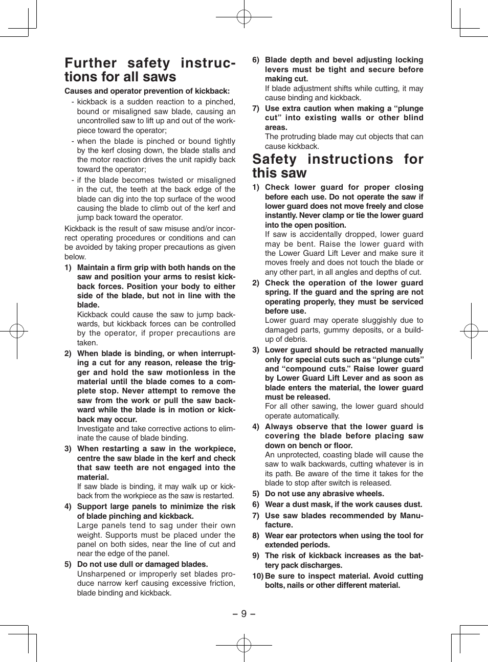 Further safety instruc- tions for all saws, Safety instructions for this saw | Panasonic EY3551GQW User Manual | Page 9 / 120