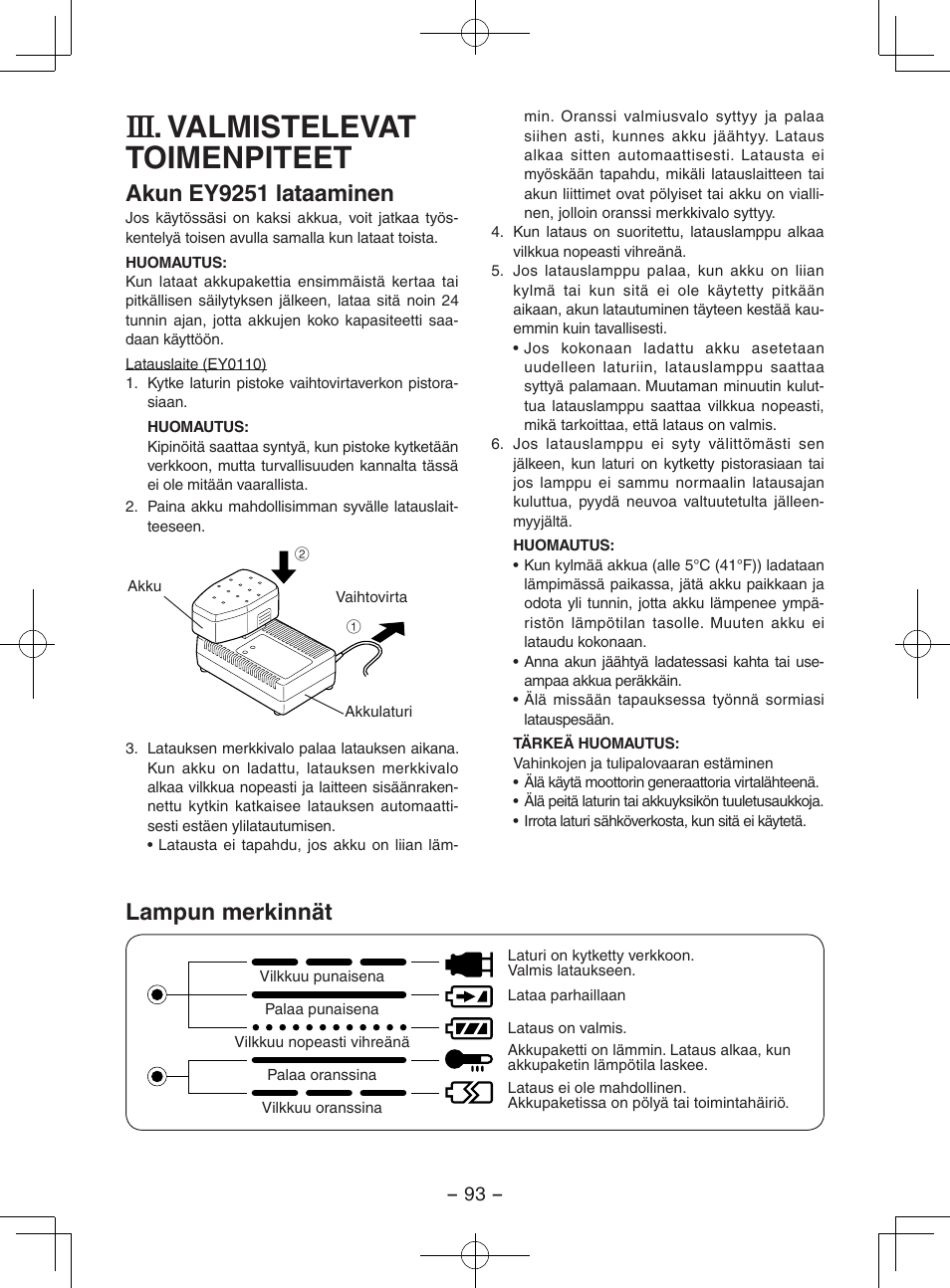 Valmistelevat toimenpiteet, Akun ey9251 lataaminen, Lampun merkinnät | Panasonic EY3551GQW User Manual | Page 93 / 120