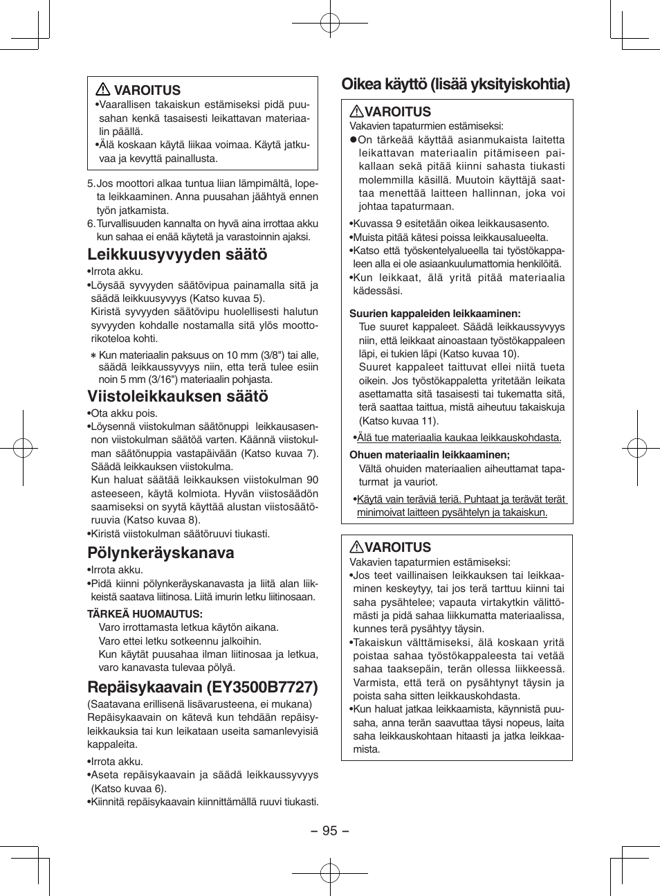 Leikkuusyvyyden säätö, Viistoleikkauksen säätö, Pölynkeräyskanava | Oikea käyttö (lisää yksityiskohtia) | Panasonic EY3551GQW User Manual | Page 95 / 120