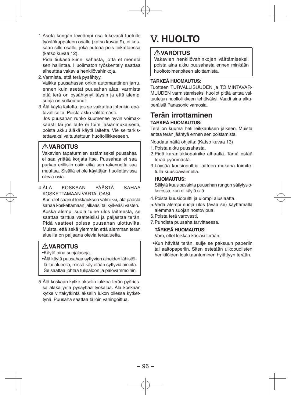 Huolto, Terän irrottaminen | Panasonic EY3551GQW User Manual | Page 96 / 120