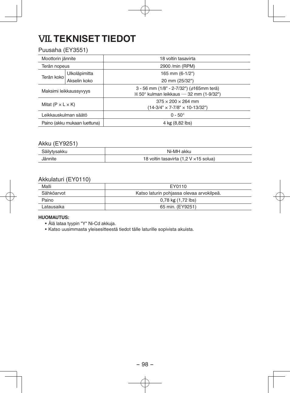 Tekniset tiedot | Panasonic EY3551GQW User Manual | Page 98 / 120