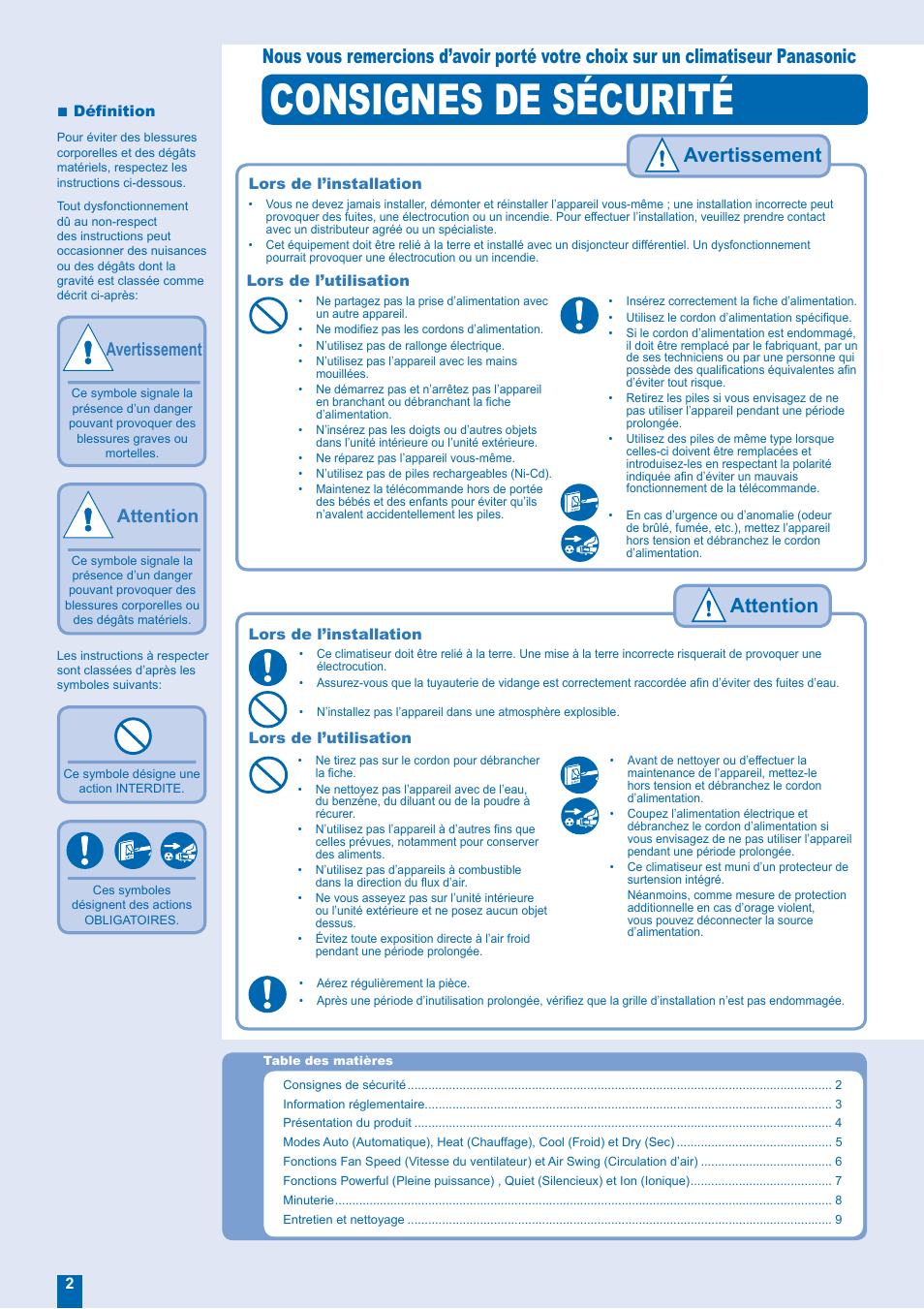 Consignes de sécurité, Avertissement, Attention | Panasonic CUE21EKEA User Manual | Page 2 / 12