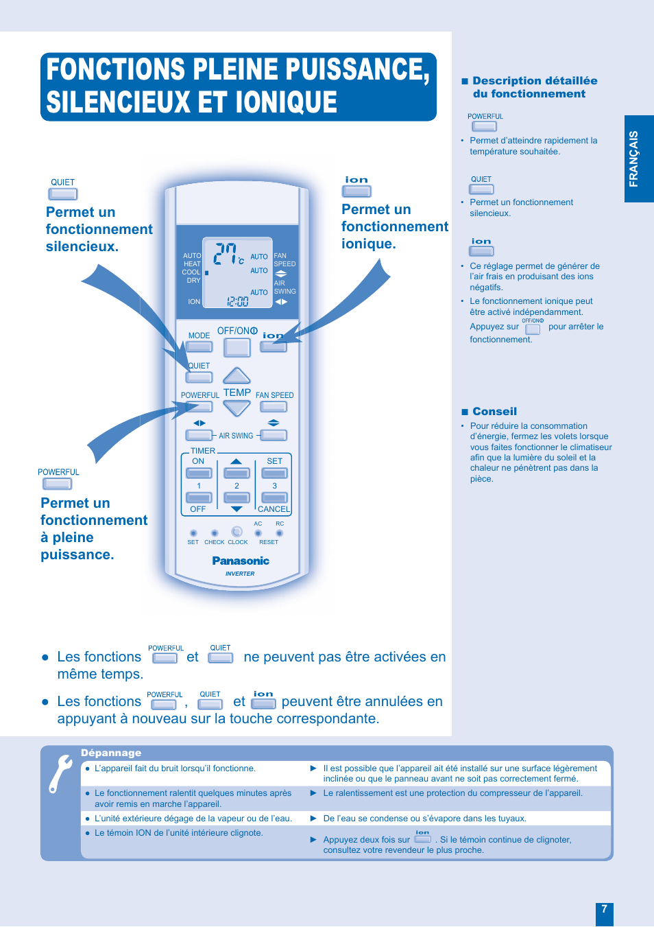 Fonctions pleine puissance, silencieux et ionique | Panasonic CUE21EKEA User Manual | Page 7 / 12