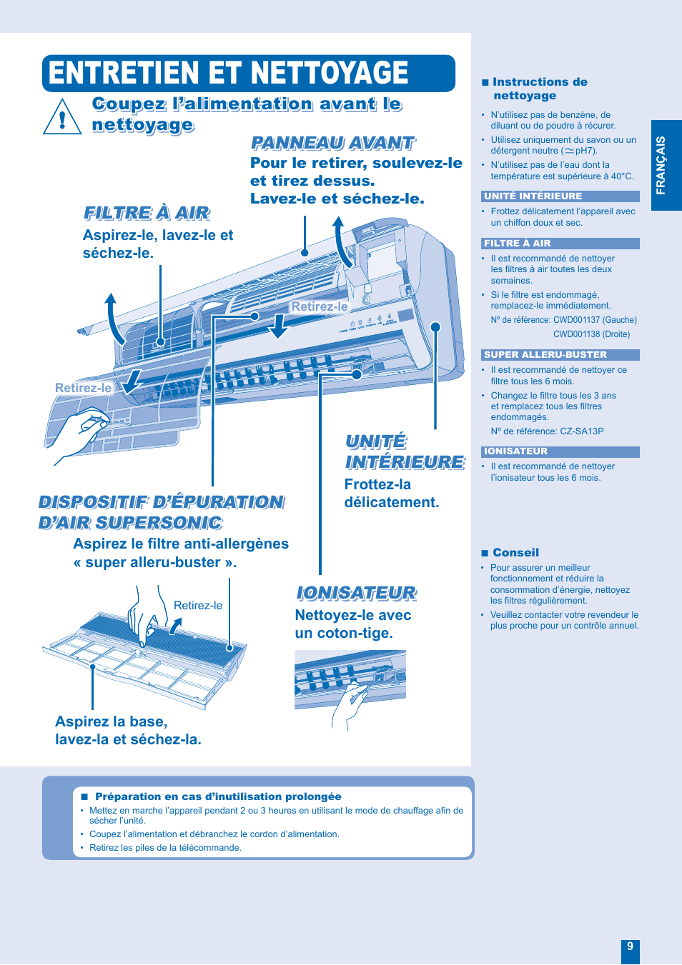 Entretien et nettoyage, Panneau avant, Ionisateur | Coupez l’alimentation avant le | Panasonic CUE21EKEA User Manual | Page 9 / 12