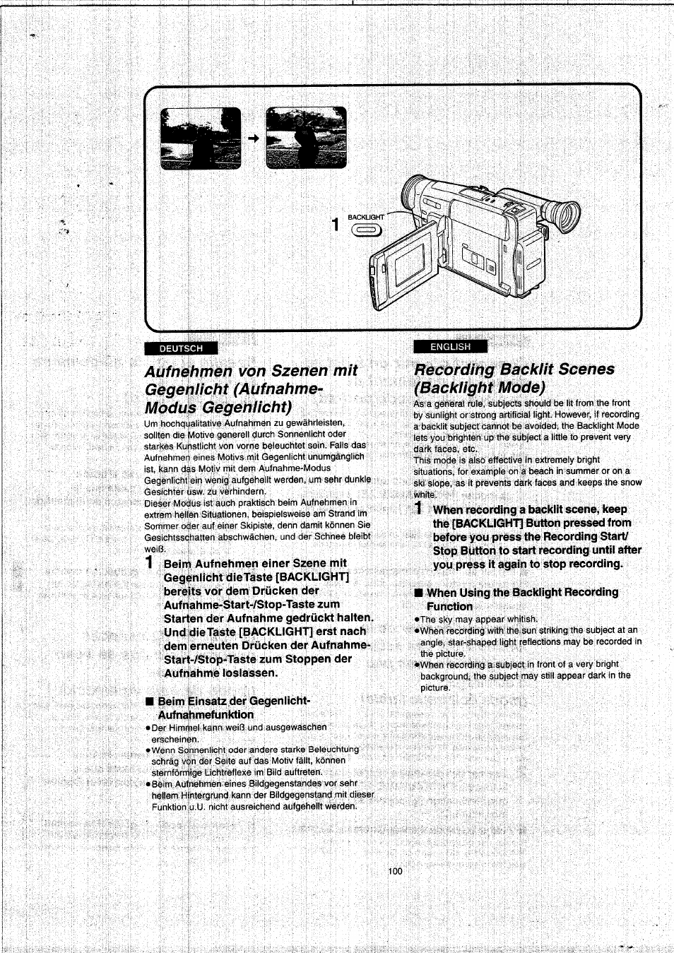 Recording backlit scenes (backlight mode) | Panasonic NVVX22EG User Manual | Page 100 / 154