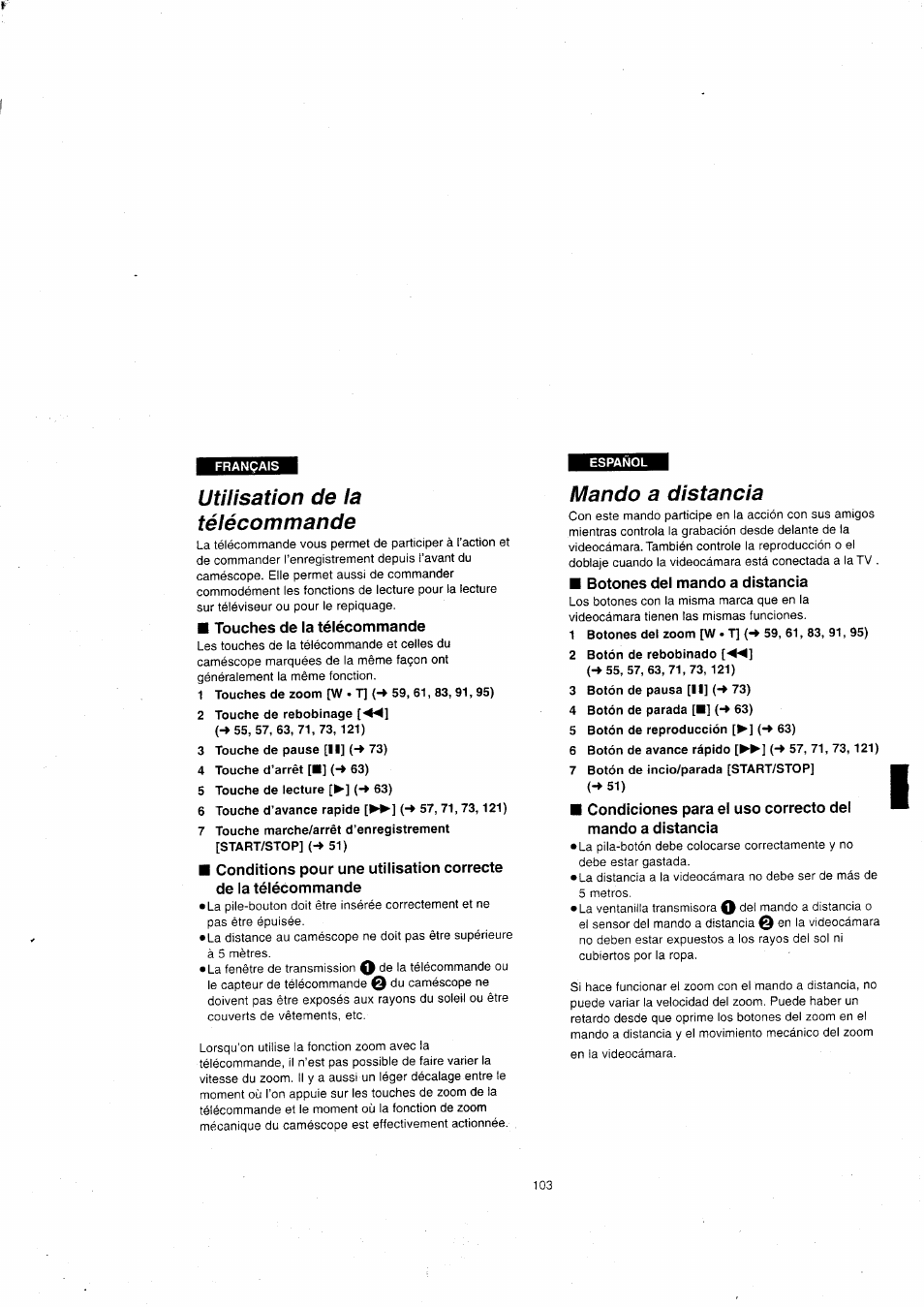 Utilisation de ia télécommande, Touches de la télécommande, Mando a distancia | Botones del mando a distancia, Soporte del mando a distancia, Utilisation de la télécommande | Panasonic NVVX22EG User Manual | Page 103 / 154