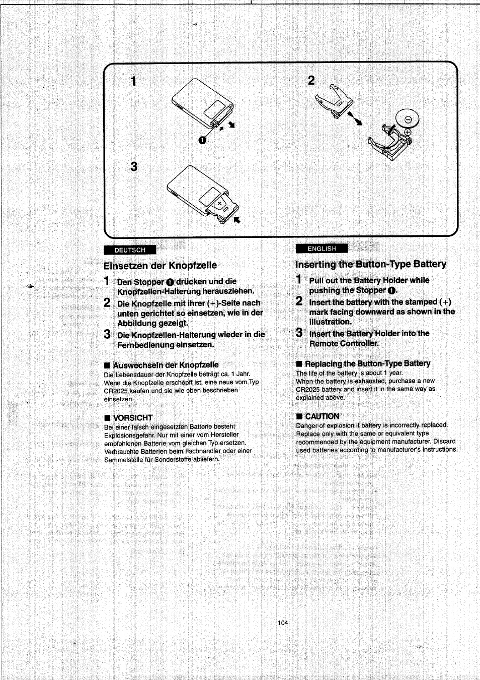 Einsetzen der knopfzeile, Inserting the button-type battery, Einsetzen der knopfzelle | Panasonic NVVX22EG User Manual | Page 104 / 154