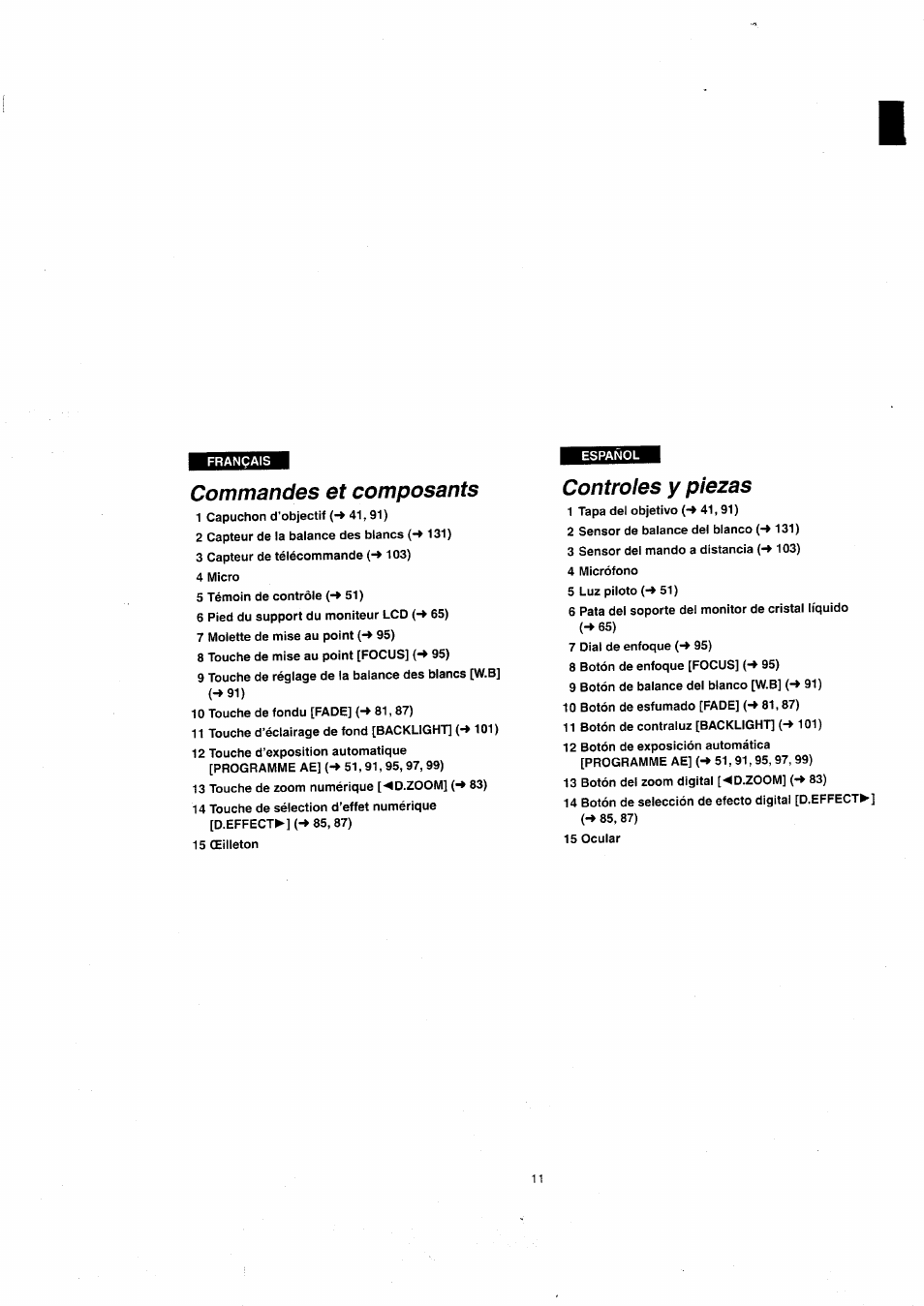 Commandes et composants, Controles у piezas, Controles y piezas | Panasonic NVVX22EG User Manual | Page 11 / 154