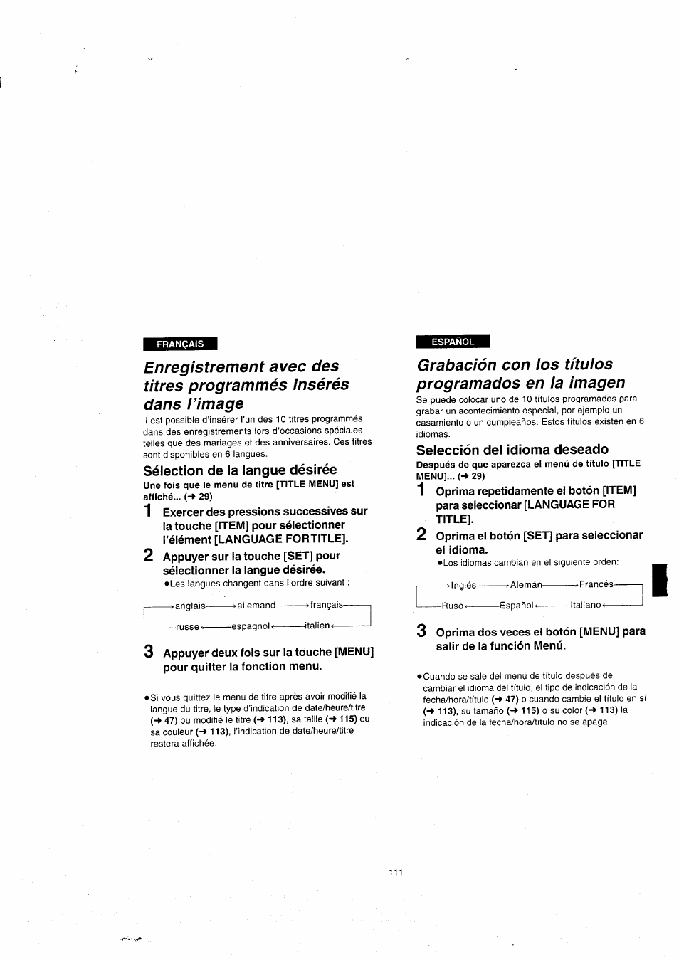 Sélection de la langue désirée, Grabación con los títulos programados en la imagen, Selección del idioma deseado | Enregistrement avec des titres programmés, Insérés dans l’image, Grabación con los títulos programados en, La imagen | Panasonic NVVX22EG User Manual | Page 111 / 154