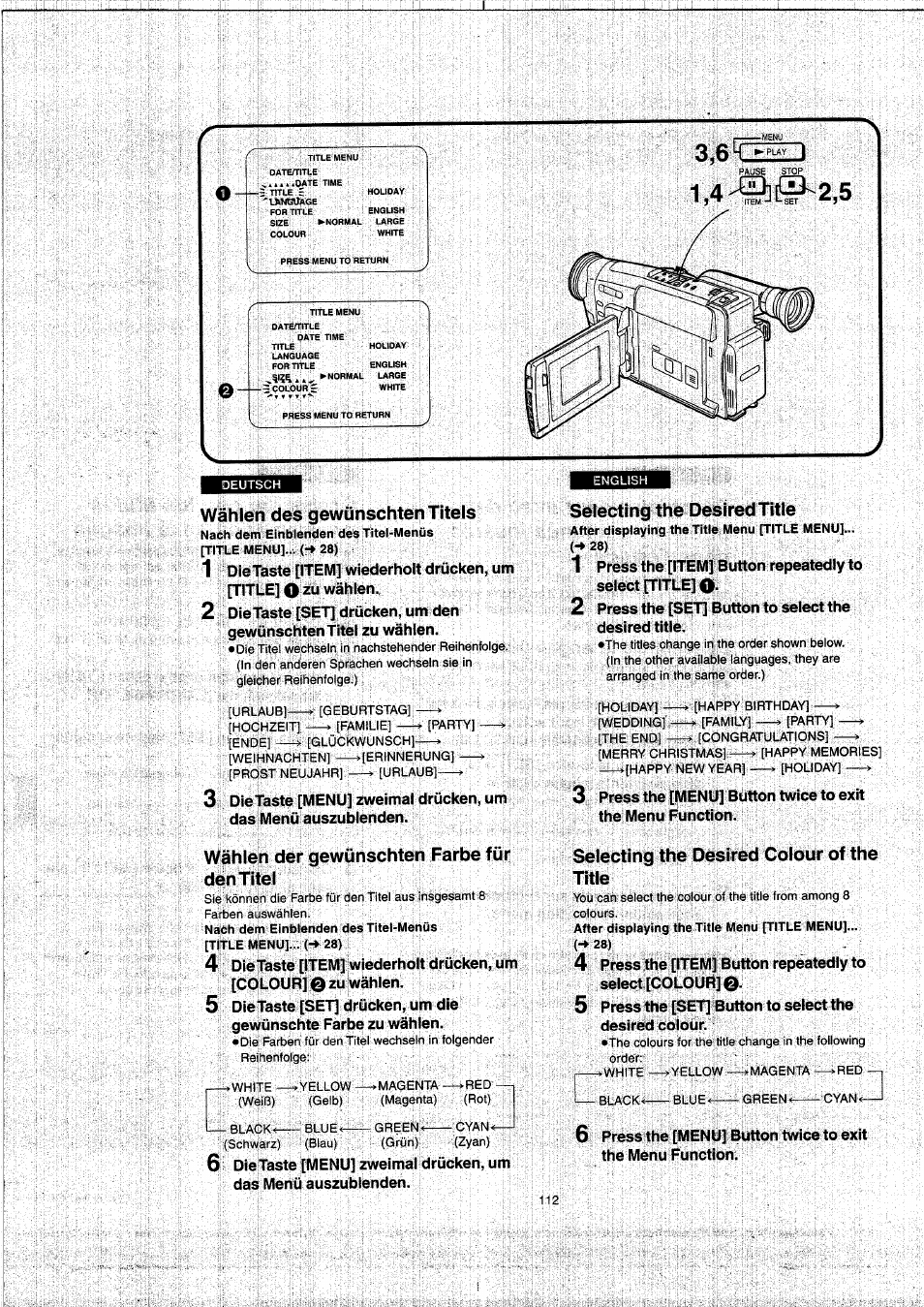 3,6hzee0, Wählen des gewünschten titels, Selecting the desired title | Wählen der gewünschten farbe für den titel, Selecting the desired colour of the title | Panasonic NVVX22EG User Manual | Page 112 / 154