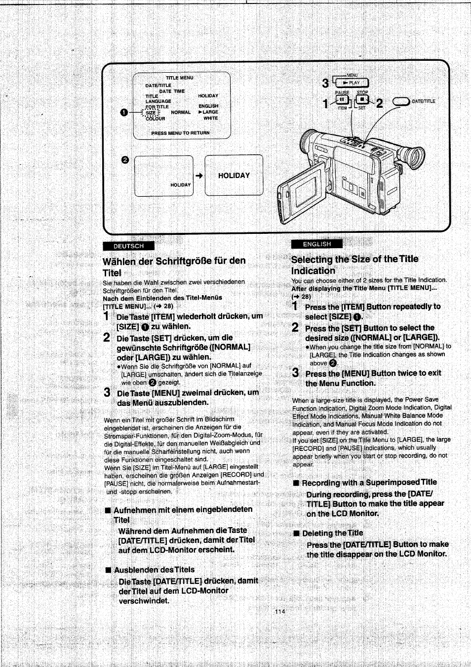 Wählen der schriftgröße für den titel, Selecting the size of the title indication | Panasonic NVVX22EG User Manual | Page 114 / 154