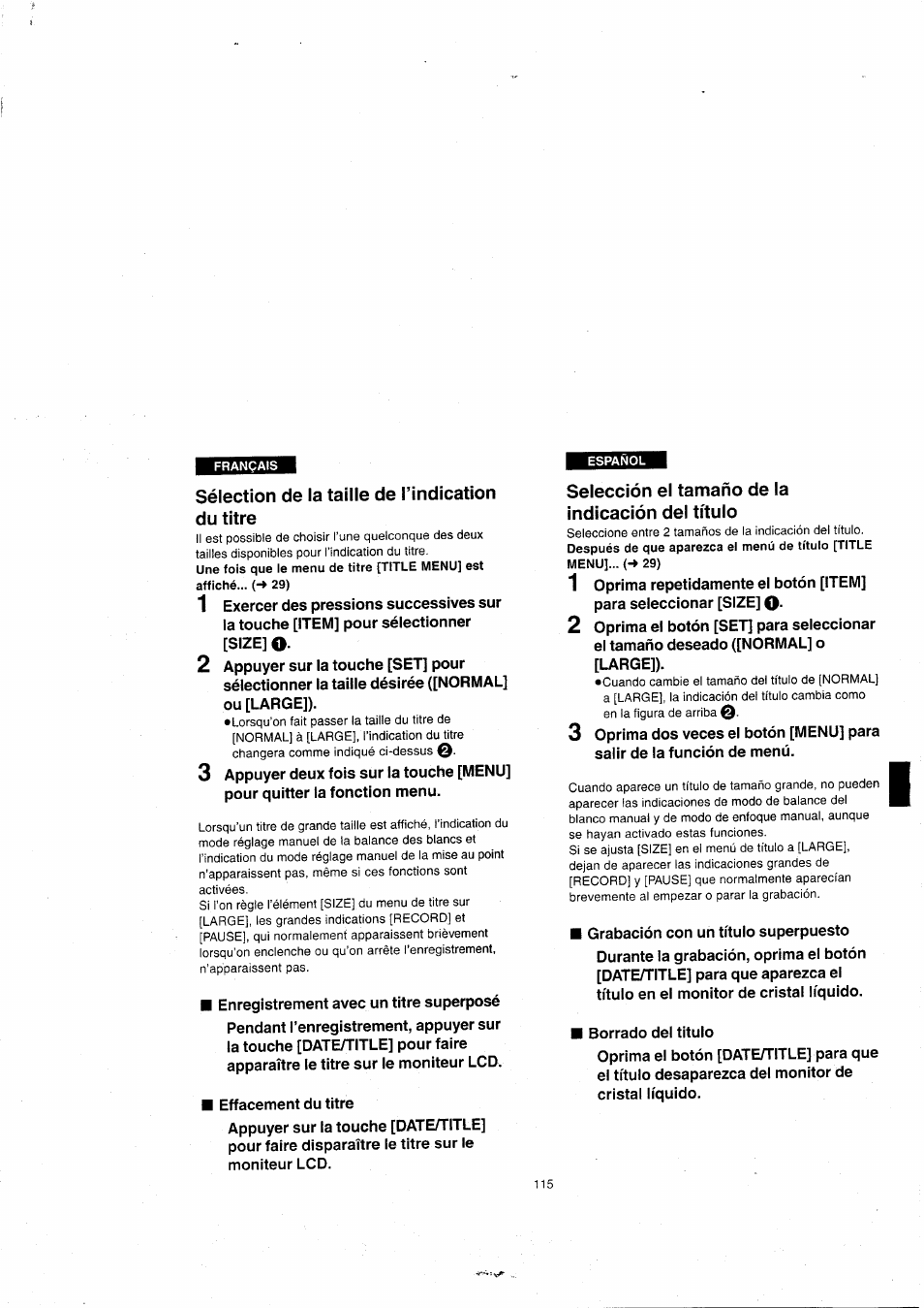 Sélection de la taille de l’indication du titre, Selección el tamaño de la indicación del título, Sélection de la taille de l'indication du titre | Panasonic NVVX22EG User Manual | Page 115 / 154