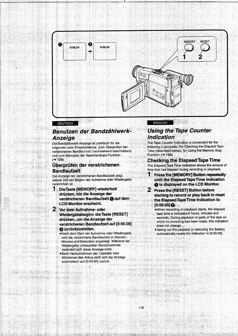 Benutzen der bandzählwerk- anzeige, Überprüfen der verstrichenen bandlaufzeit, Using the tape counter indication | Checking the elapsed tape time, Benutzen der bandzählwerk-anzeige, M20) | Panasonic NVVX22EG User Manual | Page 116 / 154