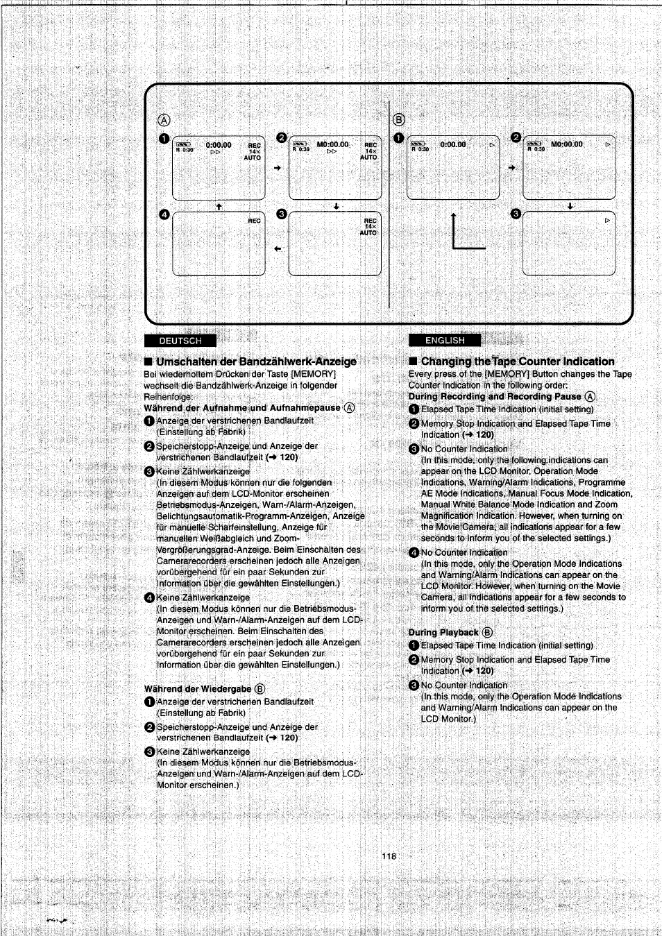 Umschalter) der bandzählwerk-anzeige, Changing thetape counter indication | Panasonic NVVX22EG User Manual | Page 118 / 154