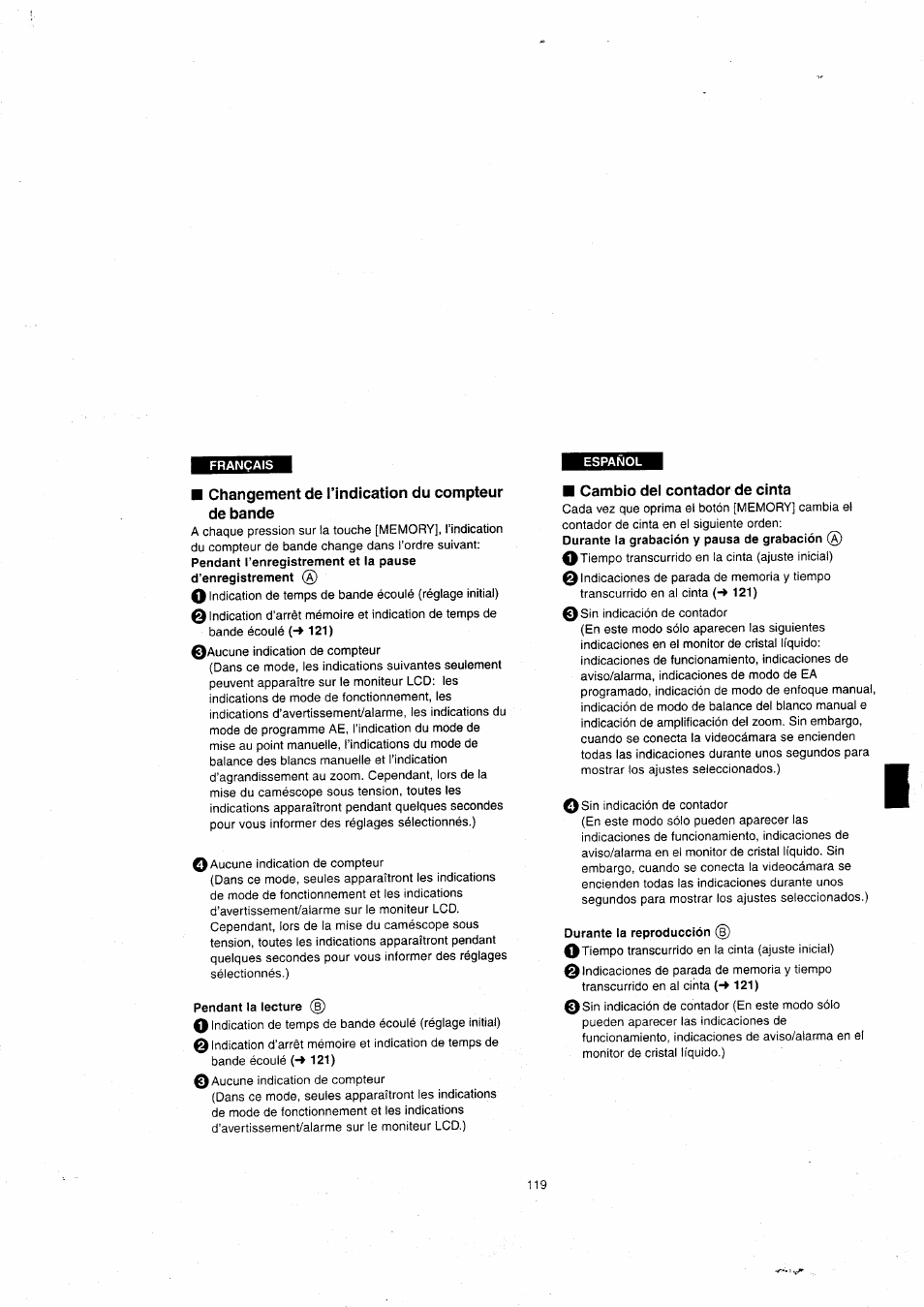 Changement de l’indication du compteur de bande, Cambio del contador de cinta | Panasonic NVVX22EG User Manual | Page 119 / 154