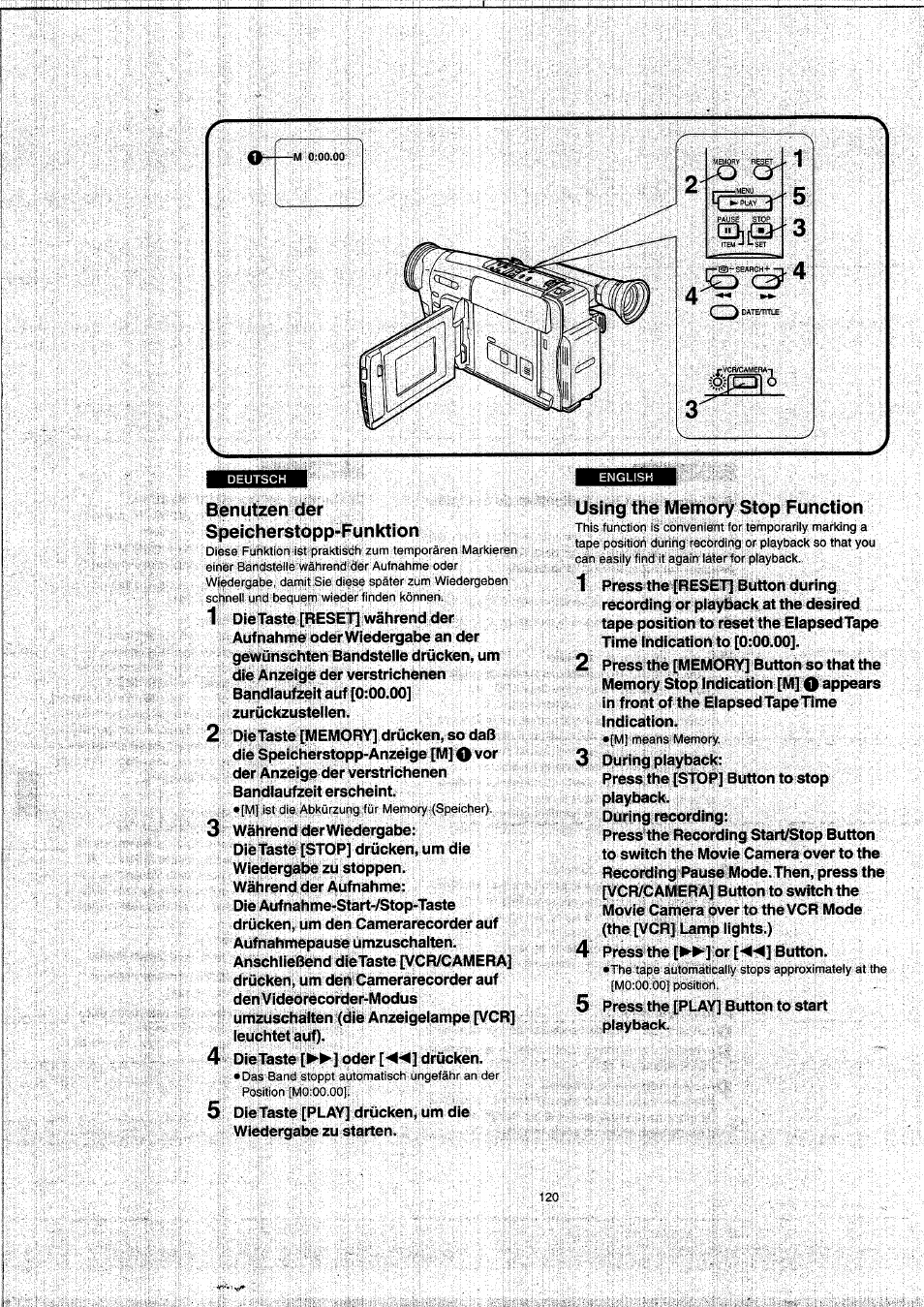 Benutzen der speicherstopp-funktion | Panasonic NVVX22EG User Manual | Page 120 / 154