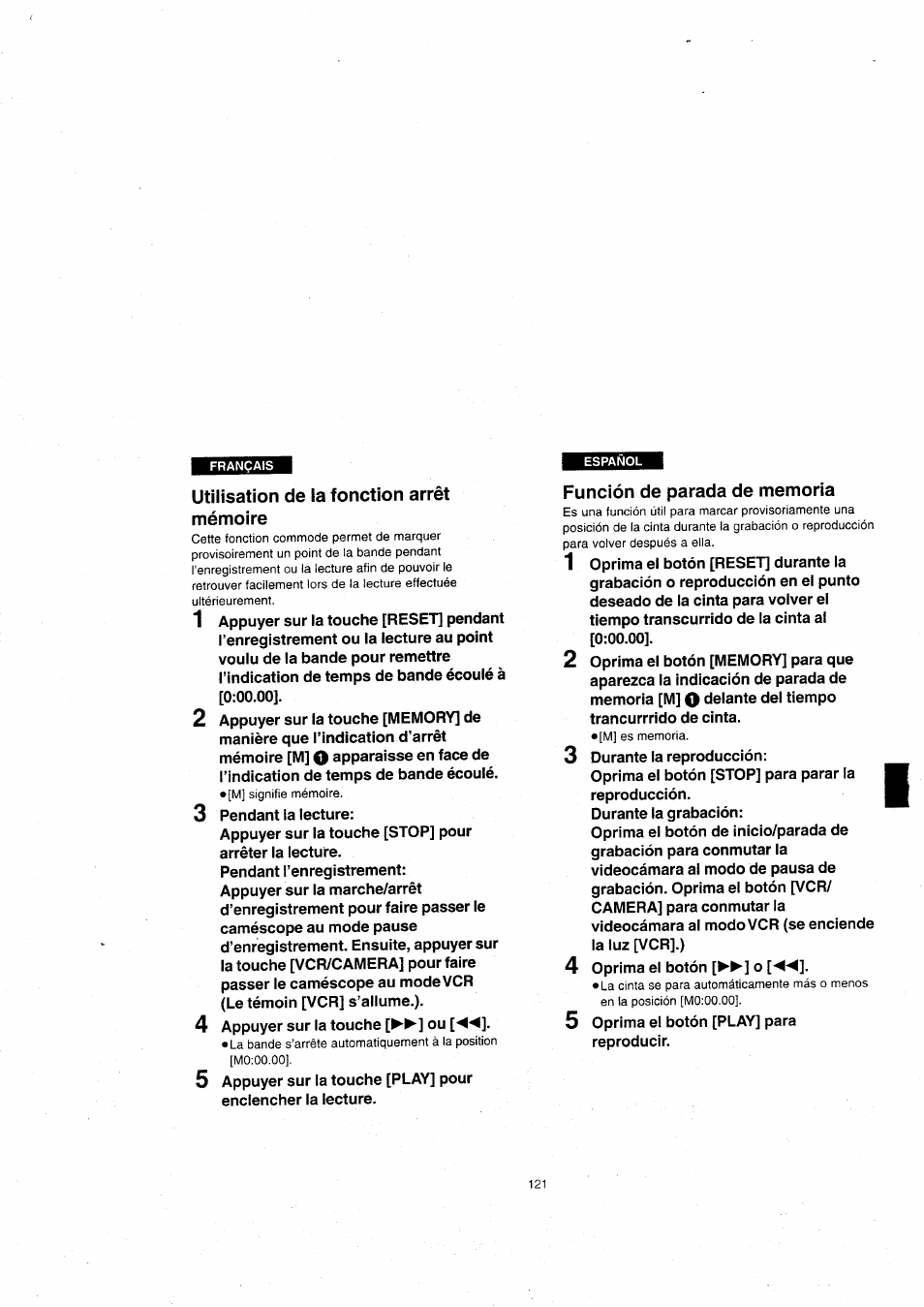 Utilisation de la fonction arrêt mémoire, Función de parada de memoria | Panasonic NVVX22EG User Manual | Page 121 / 154